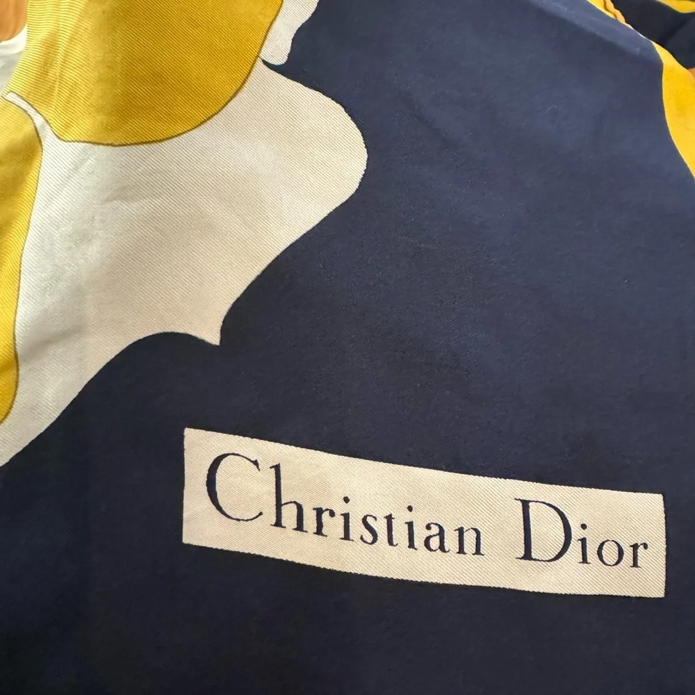Vintage Christian Dior Square Silk Scarf Navy Blue, Yellow & White 32